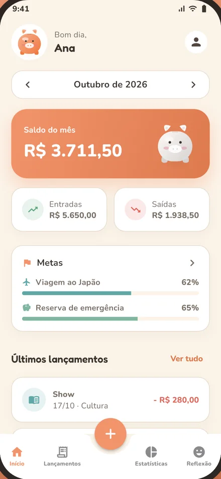 Tela inicial do Kakeibow no celular, com saldo do mês e metas